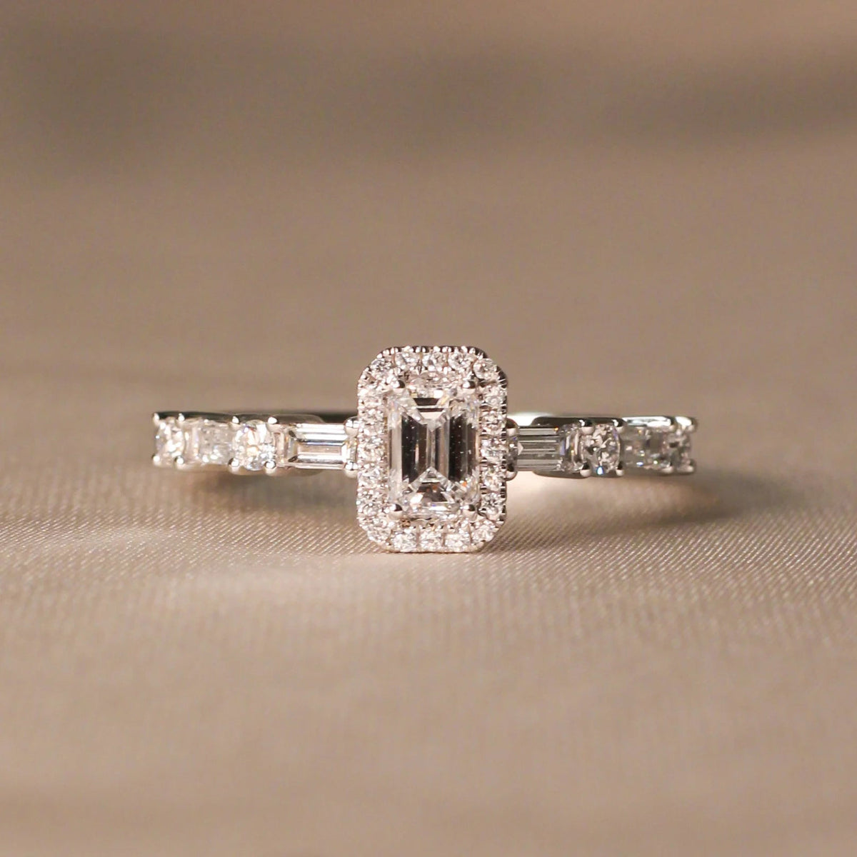 Emerald-Cut Diamond Halo Engagement Ring with Bagu ROSE 10K