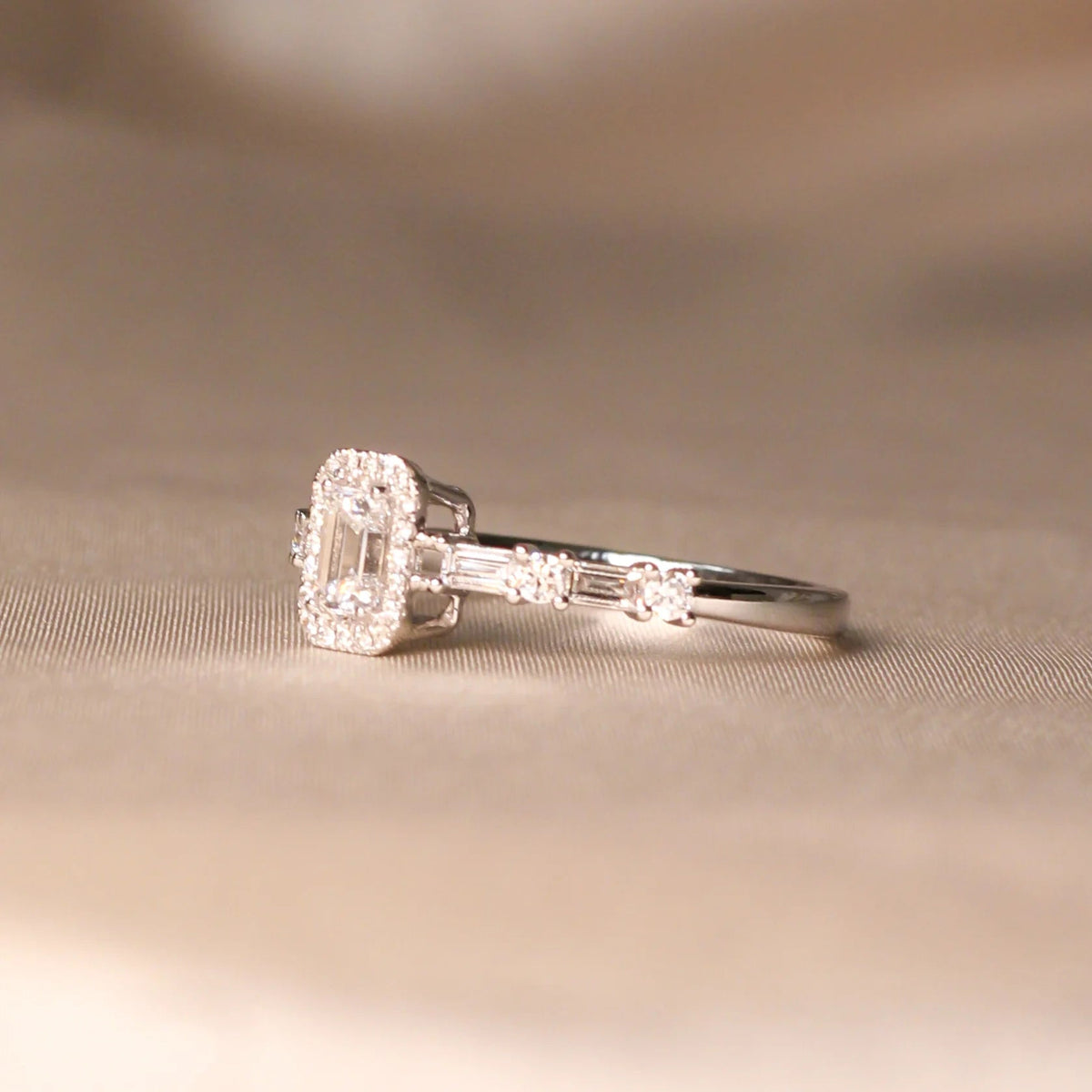 Emerald-Cut Diamond Halo Engagement Ring with Bagu View 3