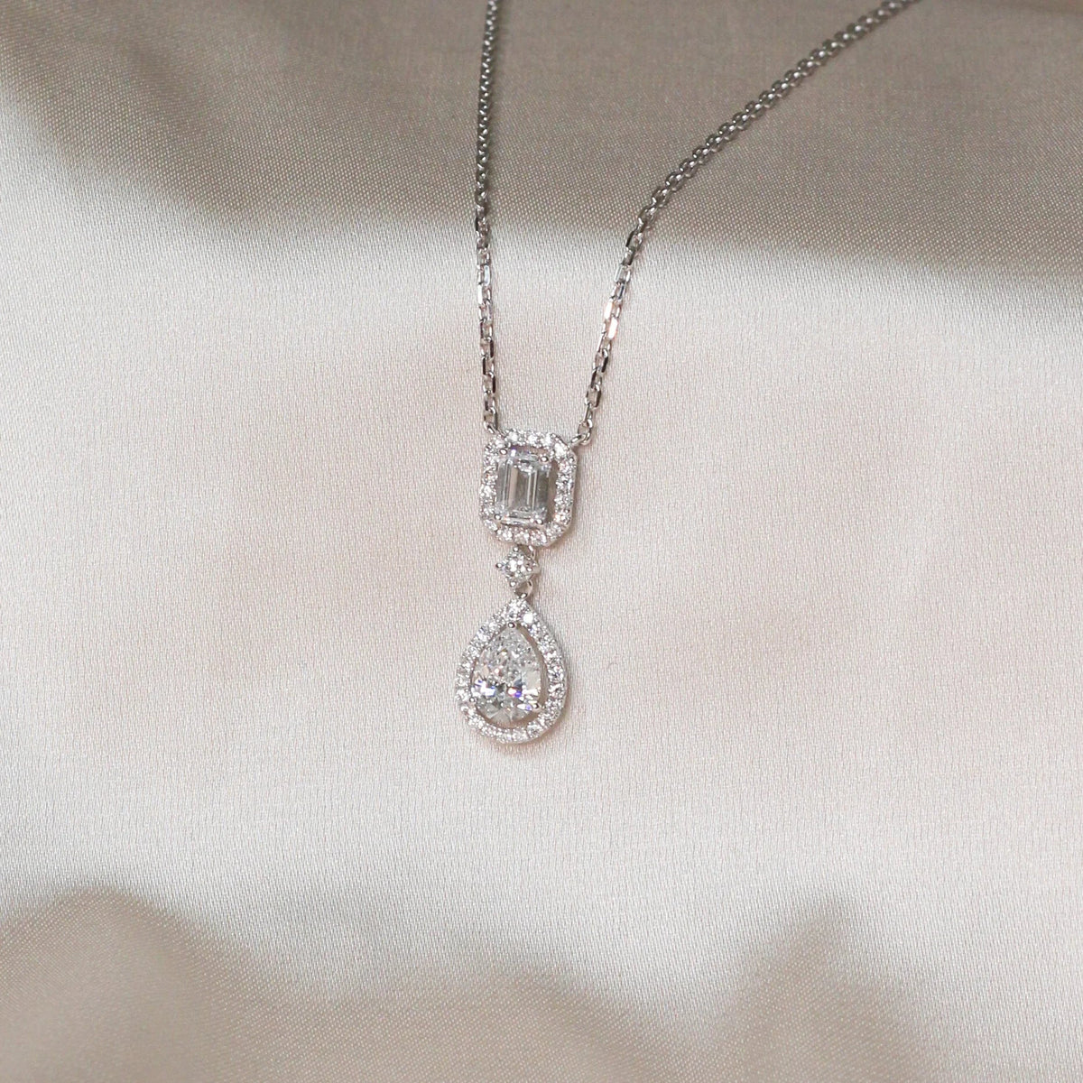 Emerald and Pear Shape Diamond Halo Double Drop Pe ROSE 10K