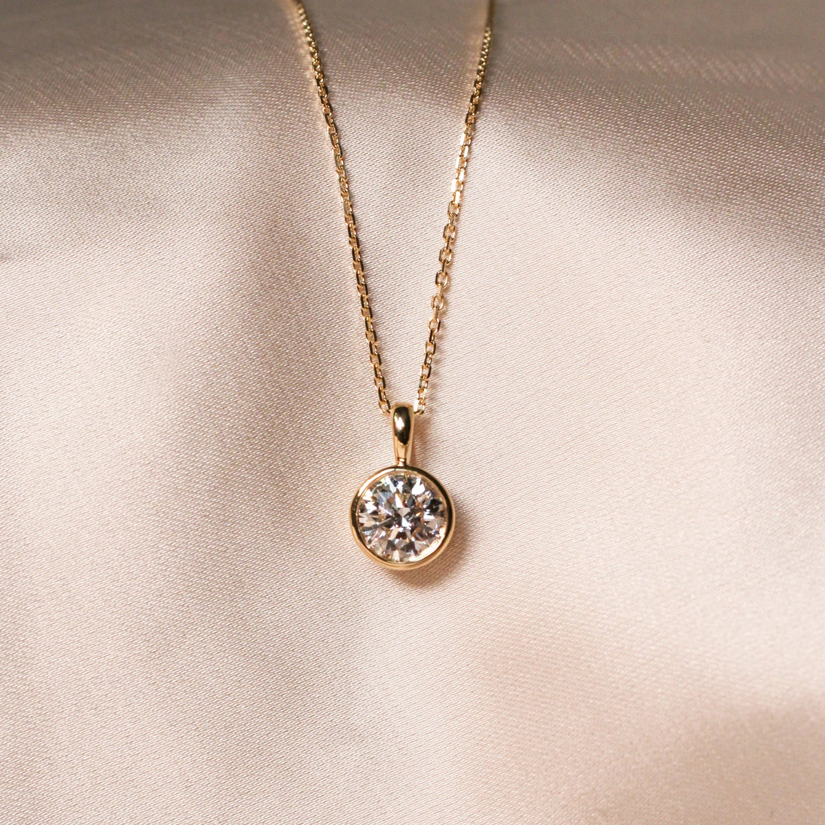 Modern Bezel Round Diamond Solitaire Necklace ROSE 10K