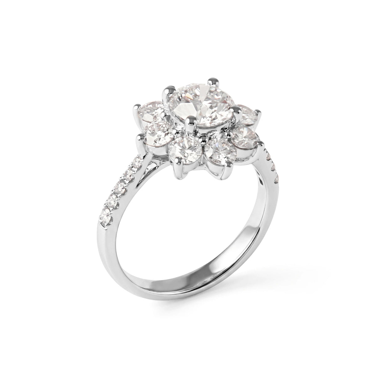Round Brilliant Diamond Floral Halo Engagement Rin View 6