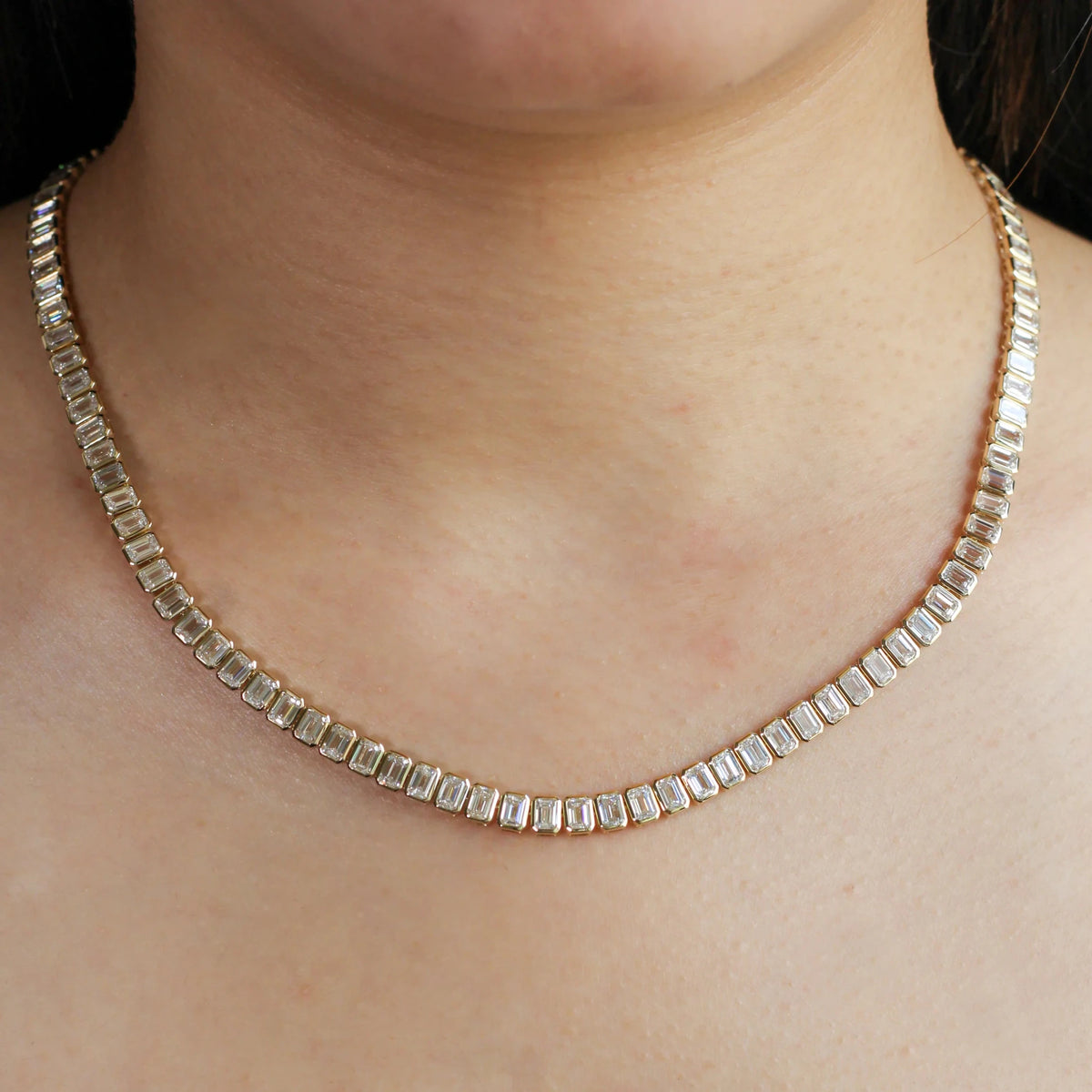 Bezel-Set Emerald Cut Diamond Tennis Adjustable Ne ROSE 10K
