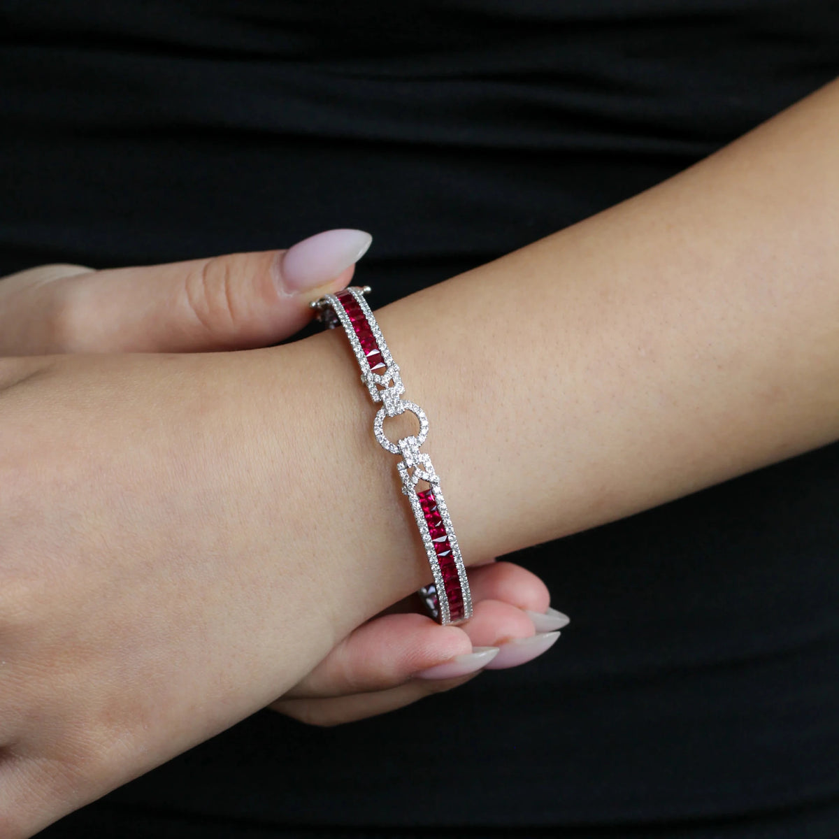 Channel-Set Princess Ruby Bangle with Diamond XOX View 9