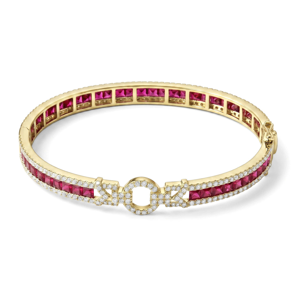Channel-Set Princess Ruby Bangle with Diamond XOX View 5