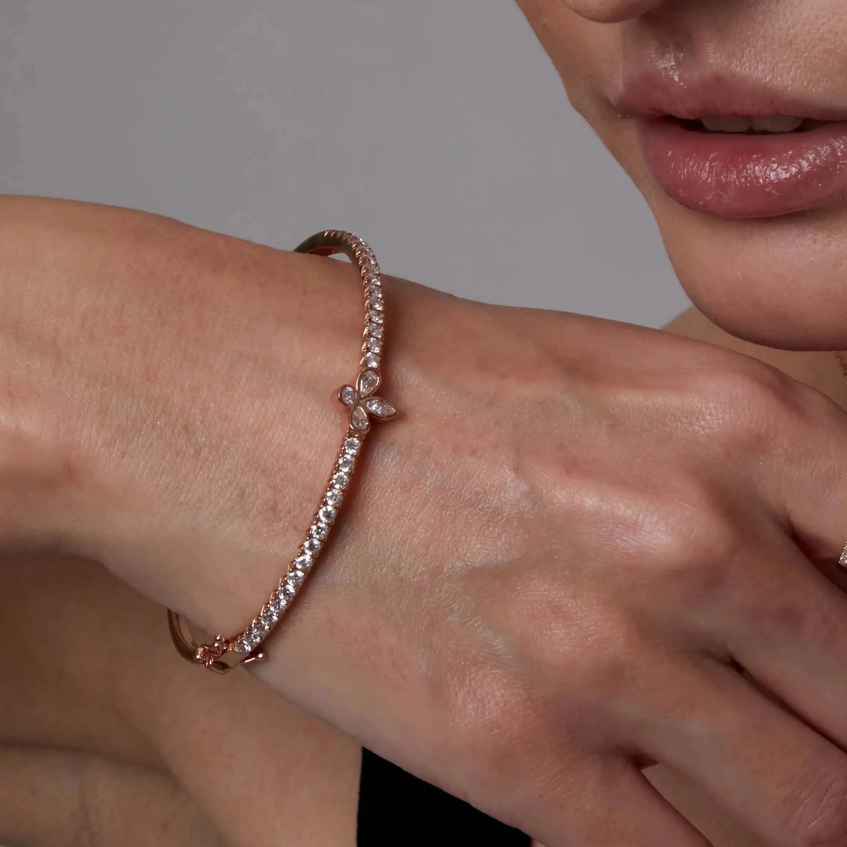 Diamond Line Bangle with Pear Floral Centerpiece View 3