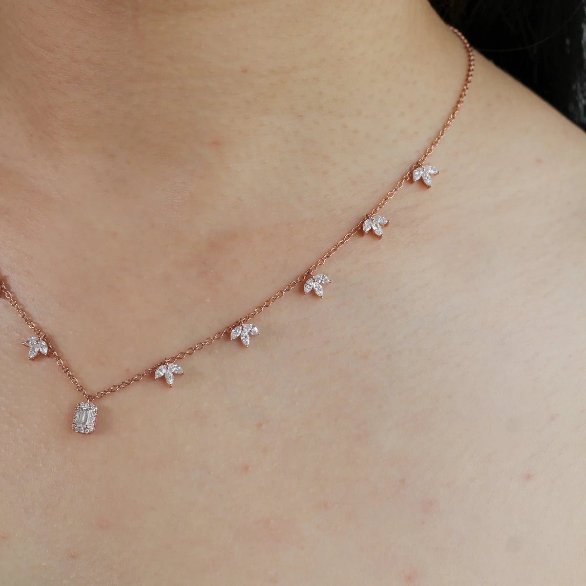 Emerald-cut Diamond Halo Pendant Necklace with Pea View 2