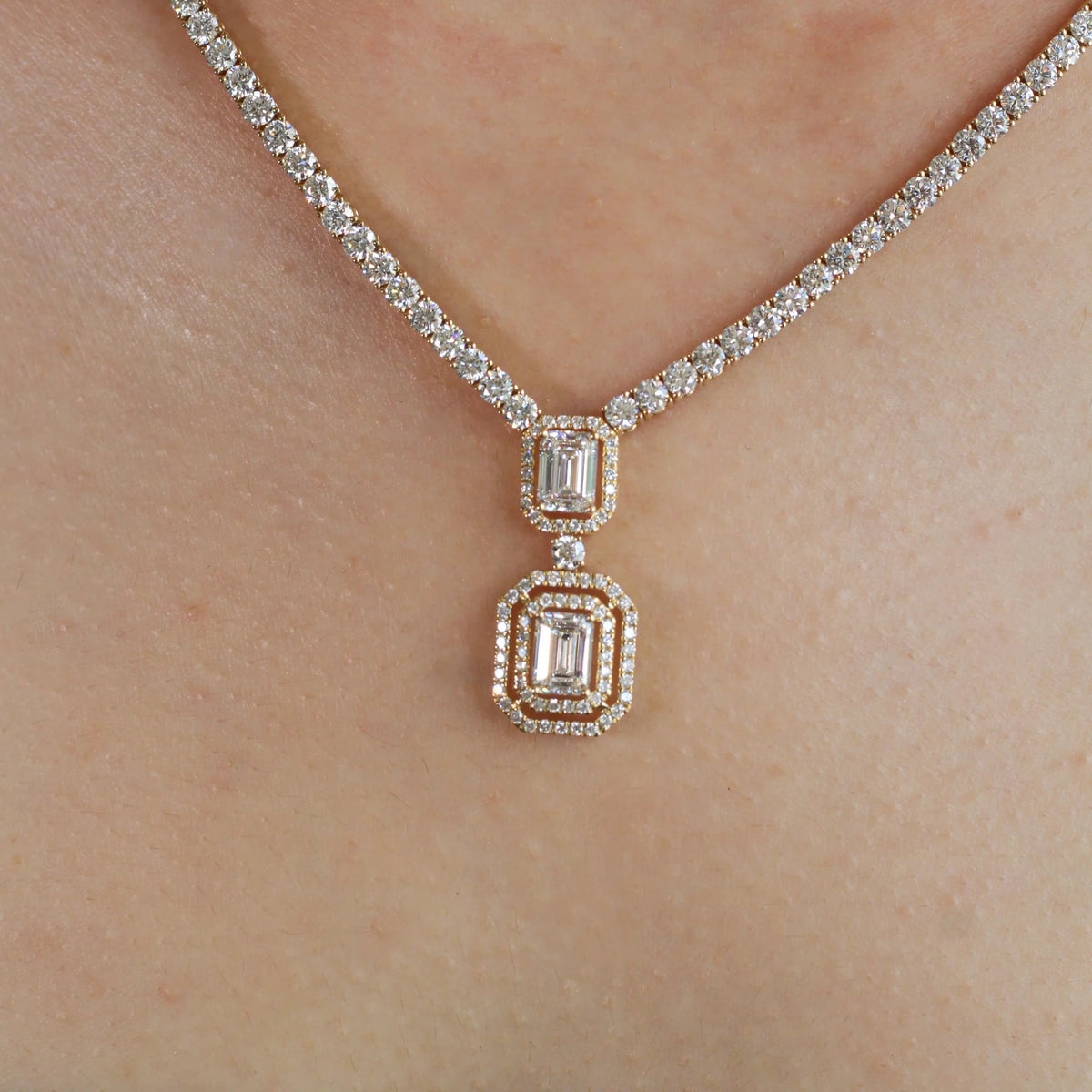 Emerald-Cut Double Halo Drop Statement Tennis Neck ROSE 10K