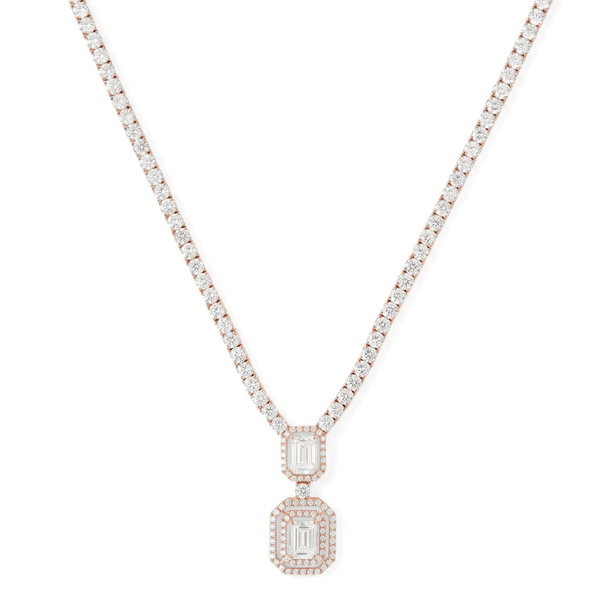 Emerald-Cut Double Halo Drop Statement Tennis Neck View 2