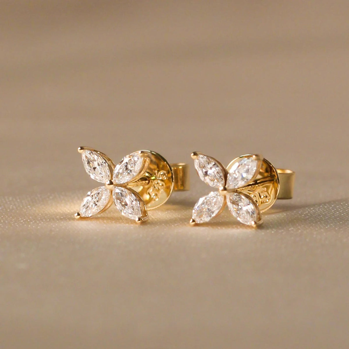 Marquise Diamond Four-Petal Floral Stud Earrings ROSE 10K