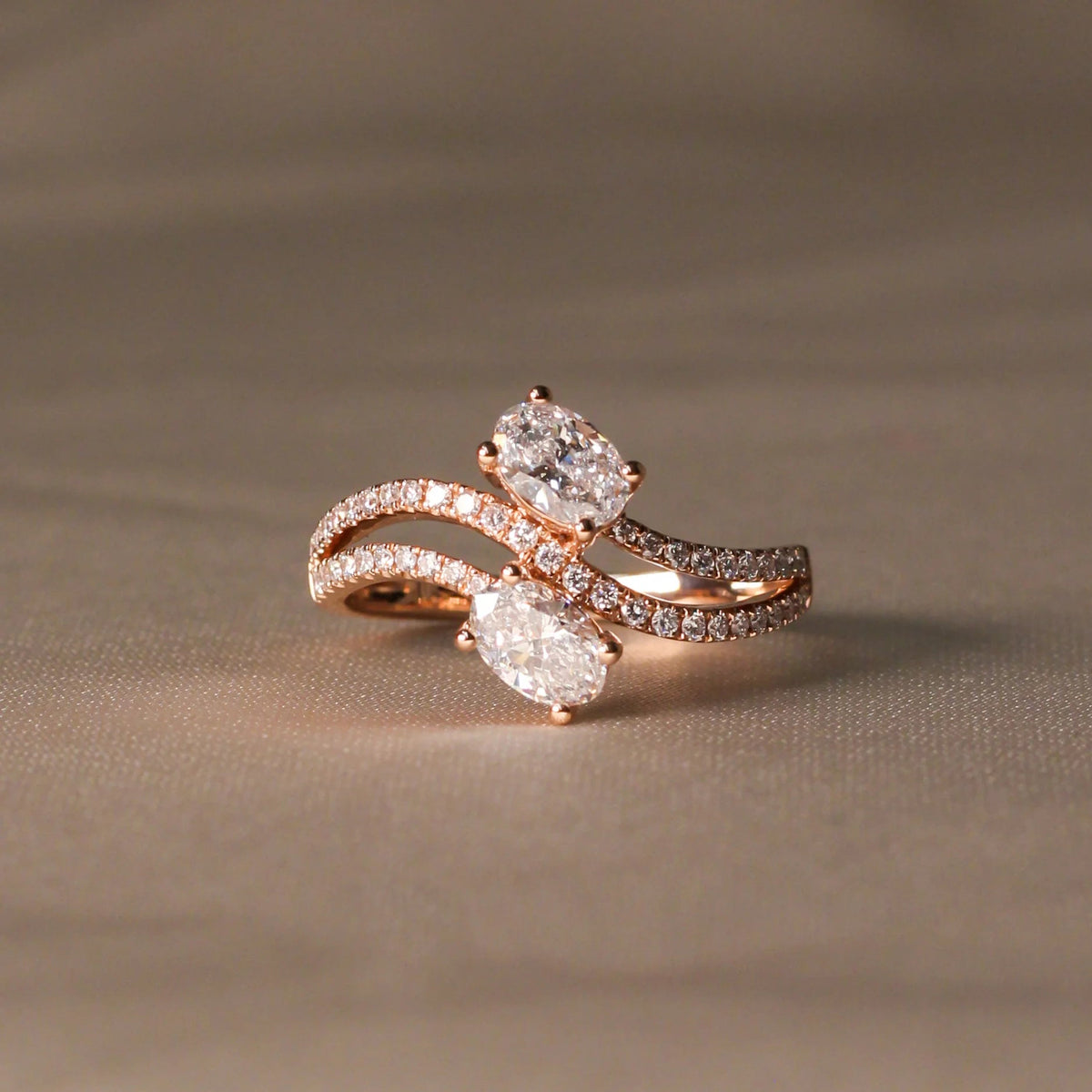 Modern Two-Stone Oval Diamond Swirl Party Ring View 2