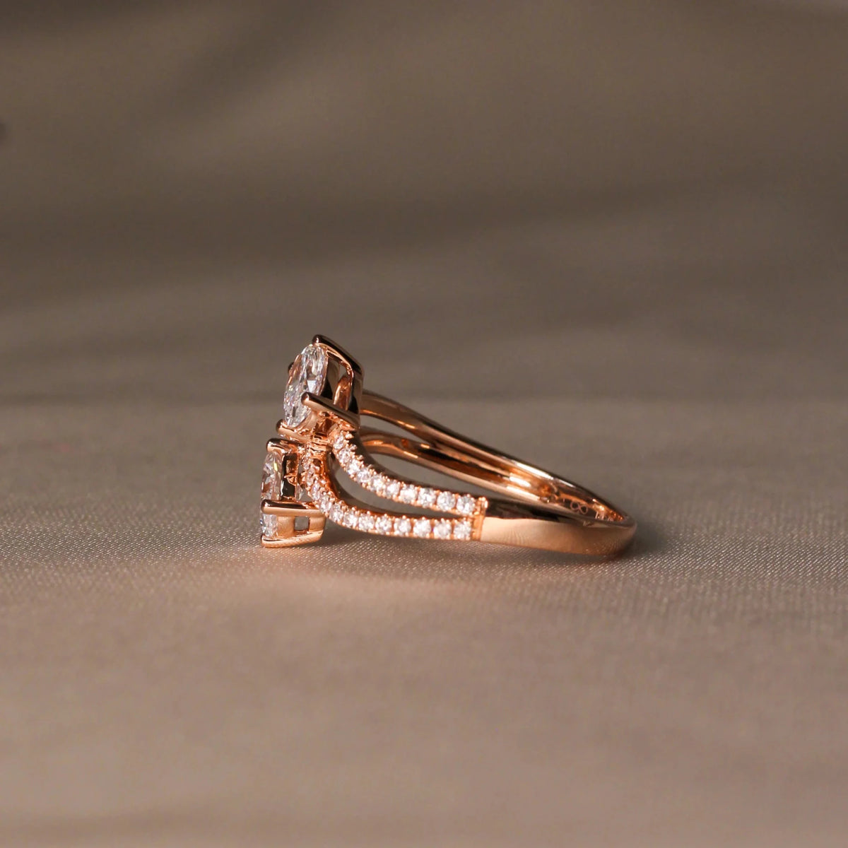 Modern Two-Stone Oval Diamond Swirl Party Ring View 3