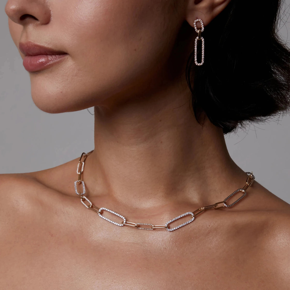 Modern Two Tone Pave Diamond Paperclip Statement N View 2