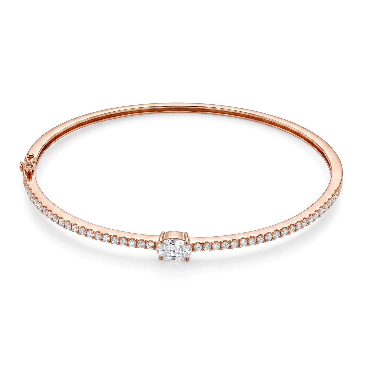 Oval Diamond Solitaire & Pave Line Bangle ROSE 10K
