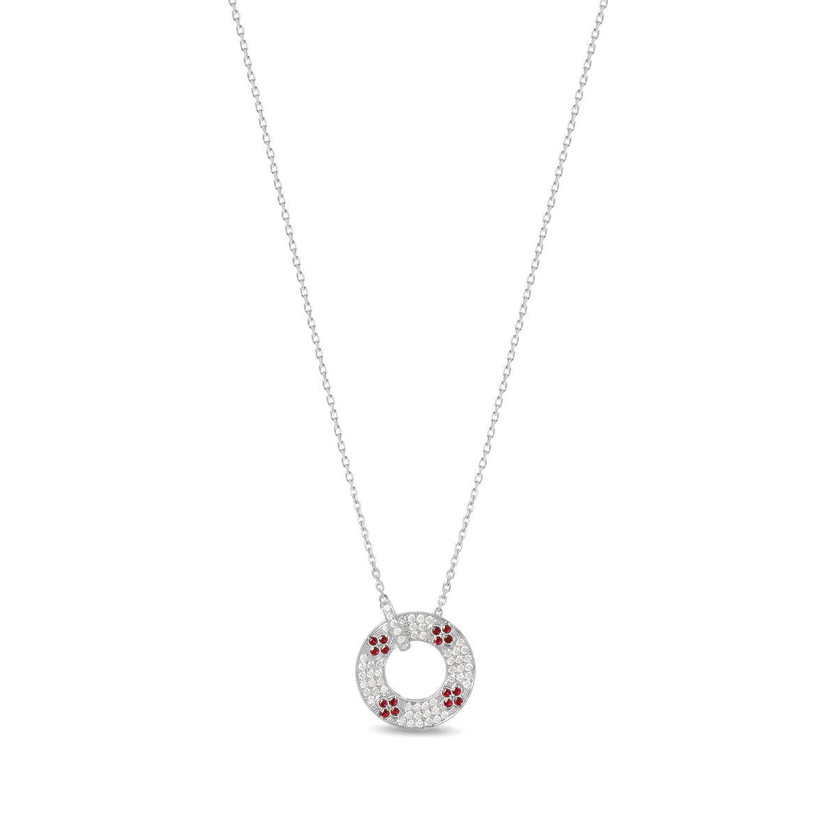 Ruby Four-Leaf Clover & Pavé Diamond Circle Pendant, white metal, front view