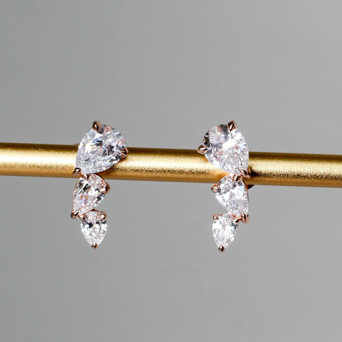 Three-Stone Pear Diamond Climber Earrings ROSE 10K