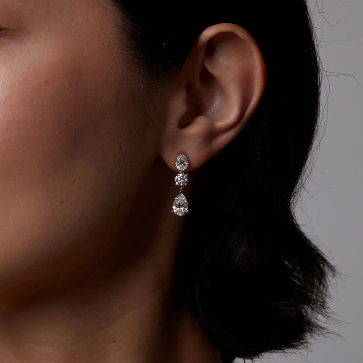 Three-Stone Pear & Round Cut Diamond Drop Earrings ROSE 10K