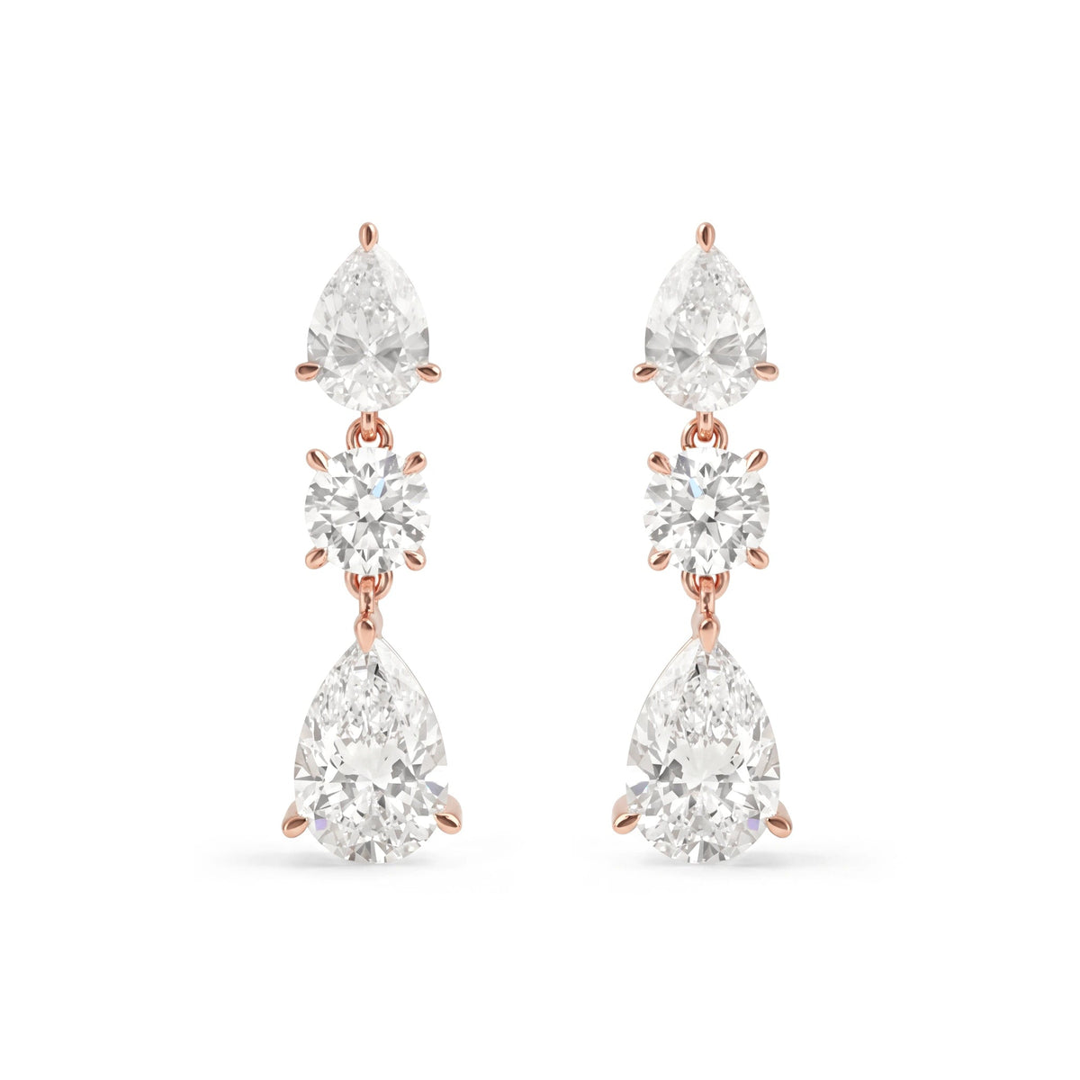 Three-Stone Pear & Round Cut Diamond Drop Earrings View 2