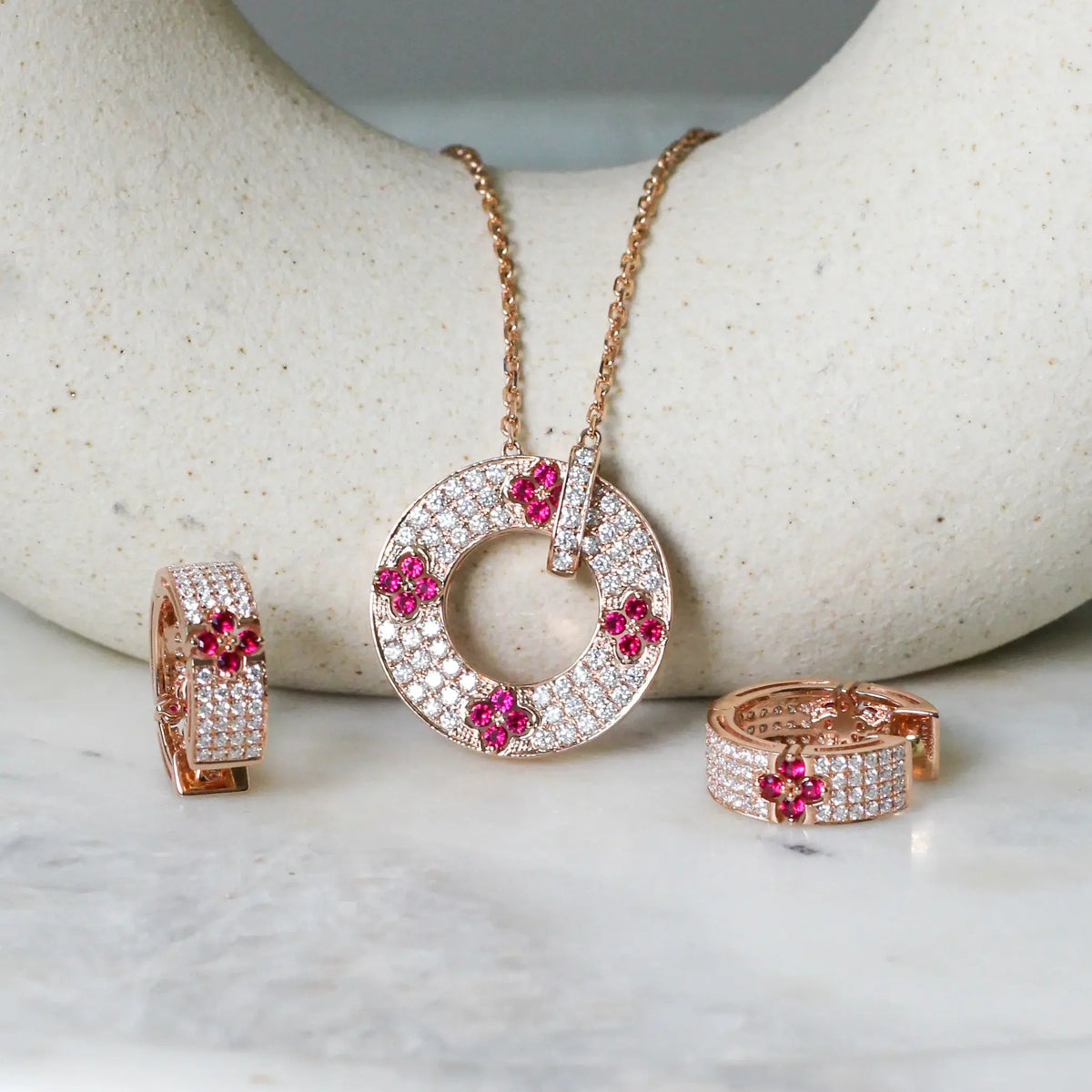 Ruby Four-Leaf Clover & Pavé Diamond Circle Pendan View 5