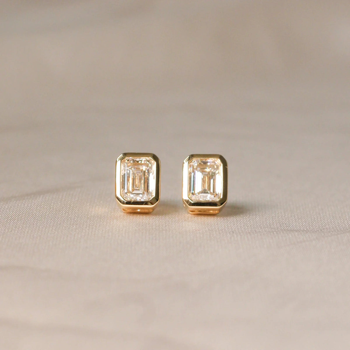 Modern Bezel Emerald Diamond Studs ROSE 10K