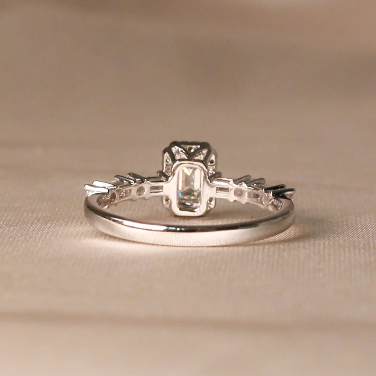 Emerald-Cut Diamond Halo Engagement Ring with Bagu View 2