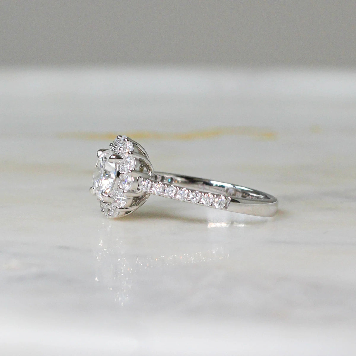 Round Diamond Floral Halo Bridal Ring View 2