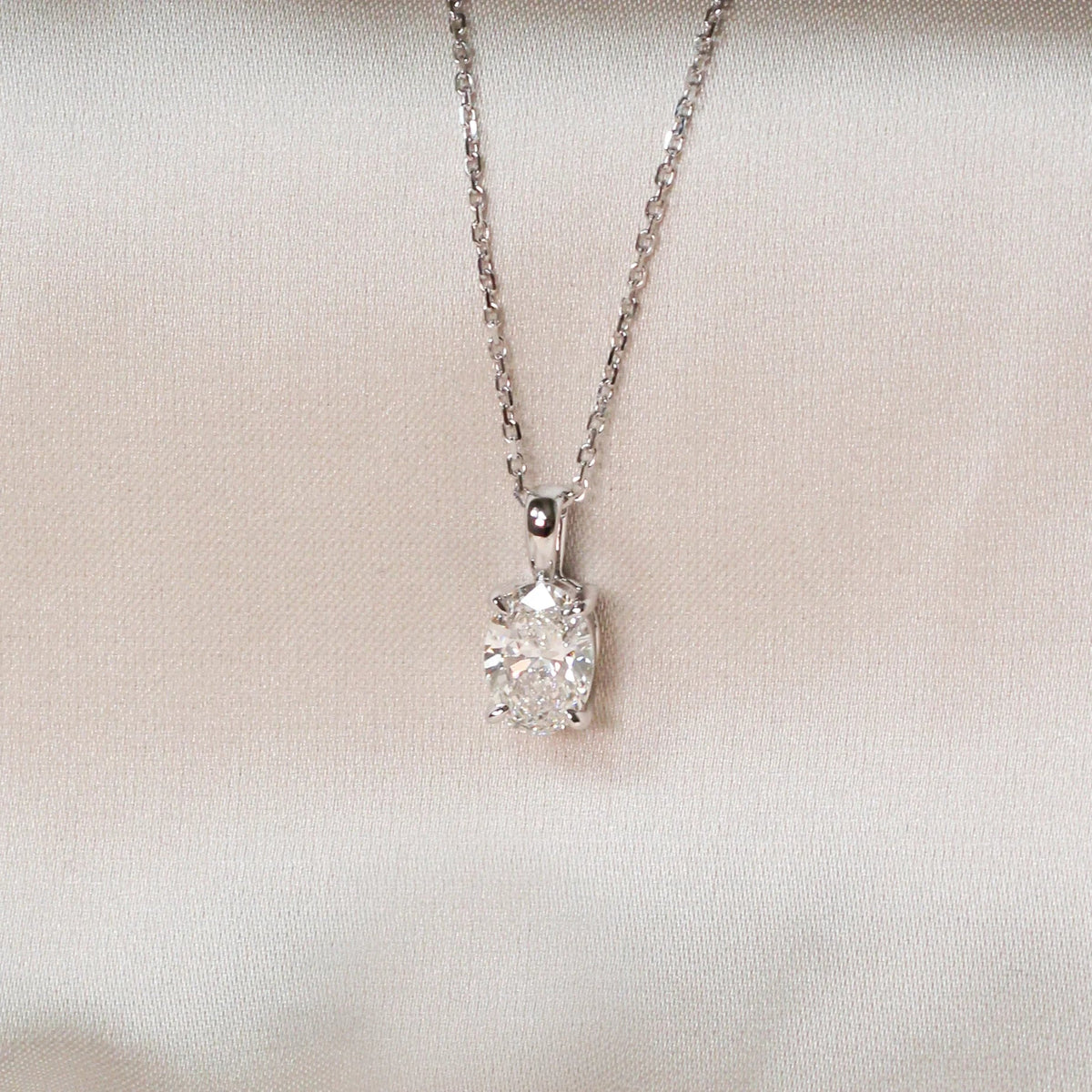 Oval Diamond Solitaire Pendant Necklace in White G View 2