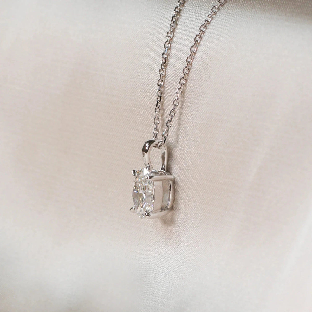 Oval Diamond Solitaire Pendant Necklace in White G View 3