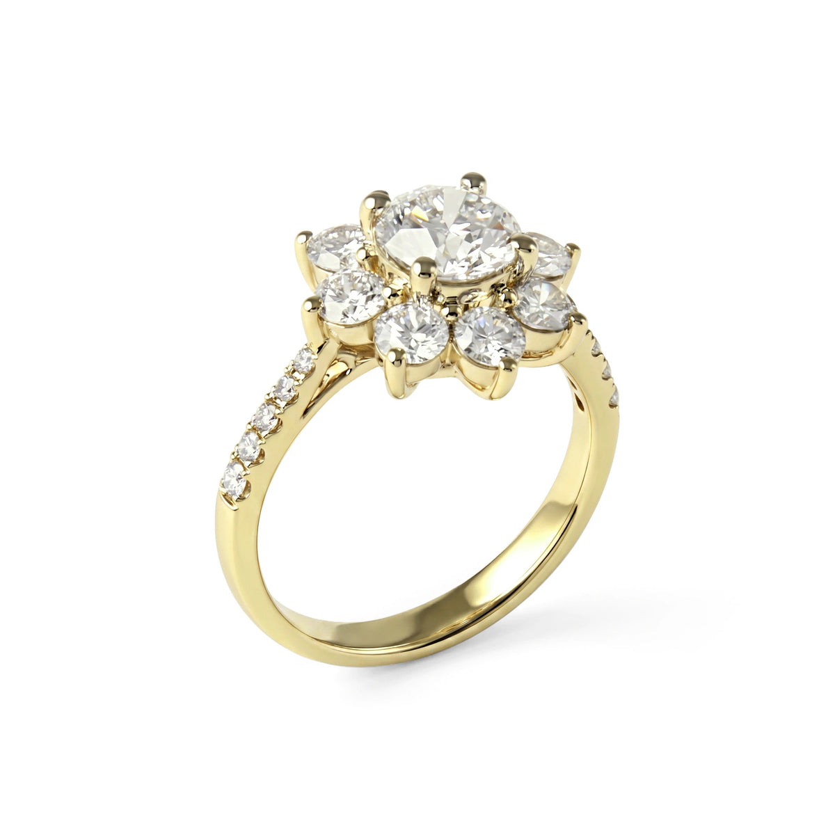 Round Brilliant Diamond Floral Halo Engagement Rin View 8
