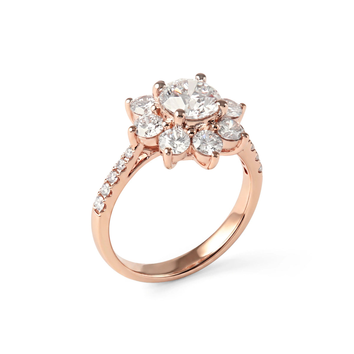 Round Brilliant Diamond Floral Halo Engagement Rin View 4