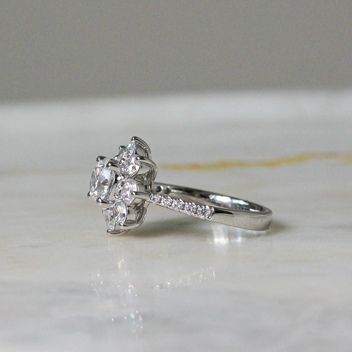 Round Brilliant Diamond Floral Halo Engagement Rin View 2