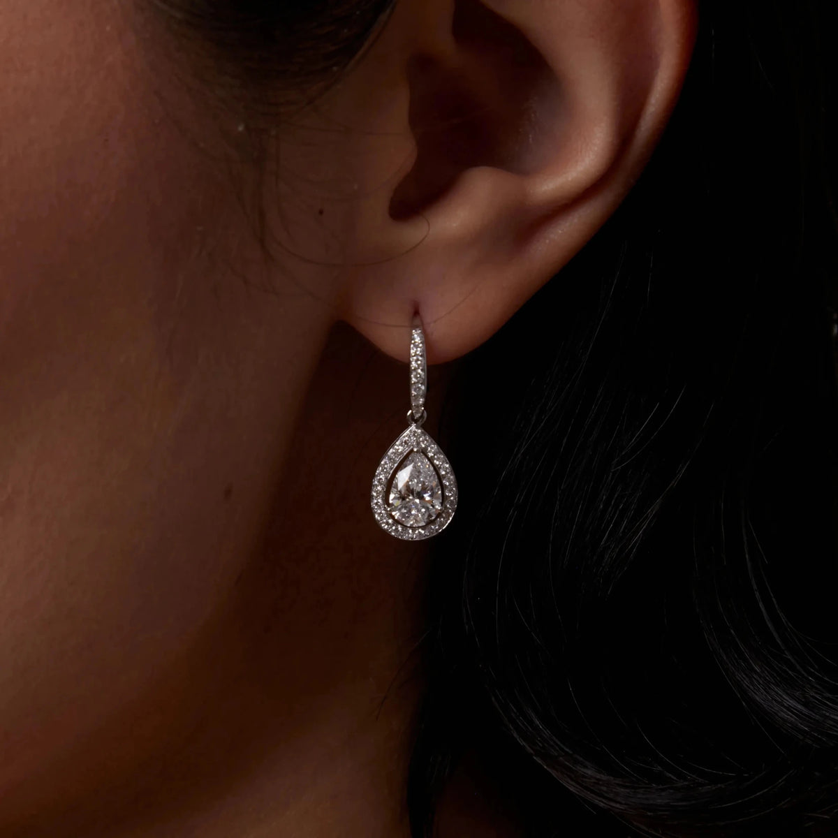 Dangling Pear Diamond Halo Drop Earrings View 4