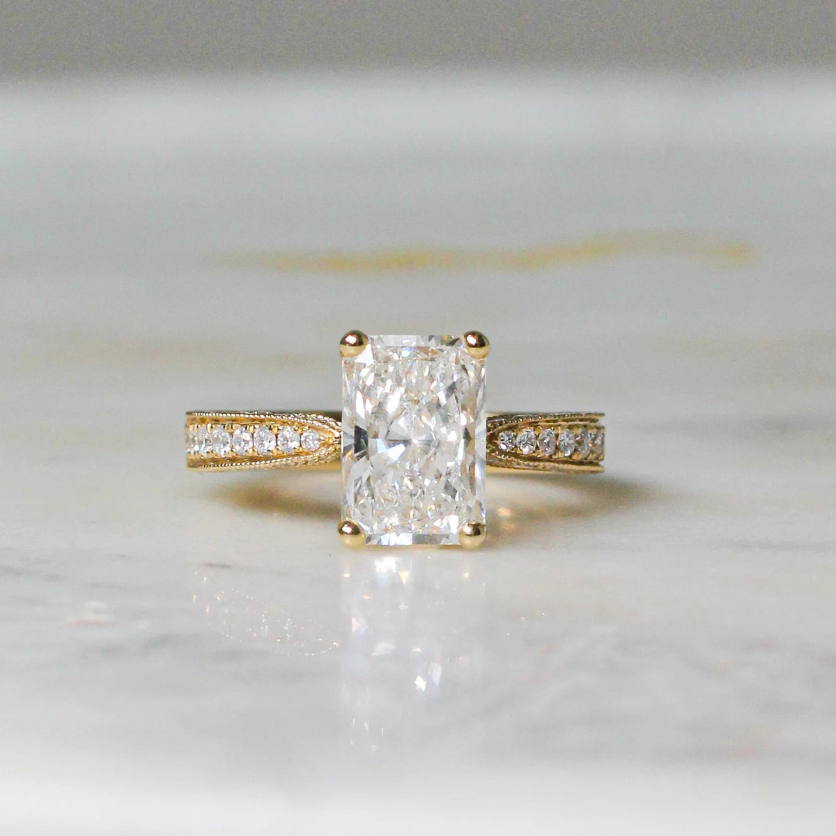 Radiant-Cut Diamond Engagement Ring with Three-Row ROSE 10K