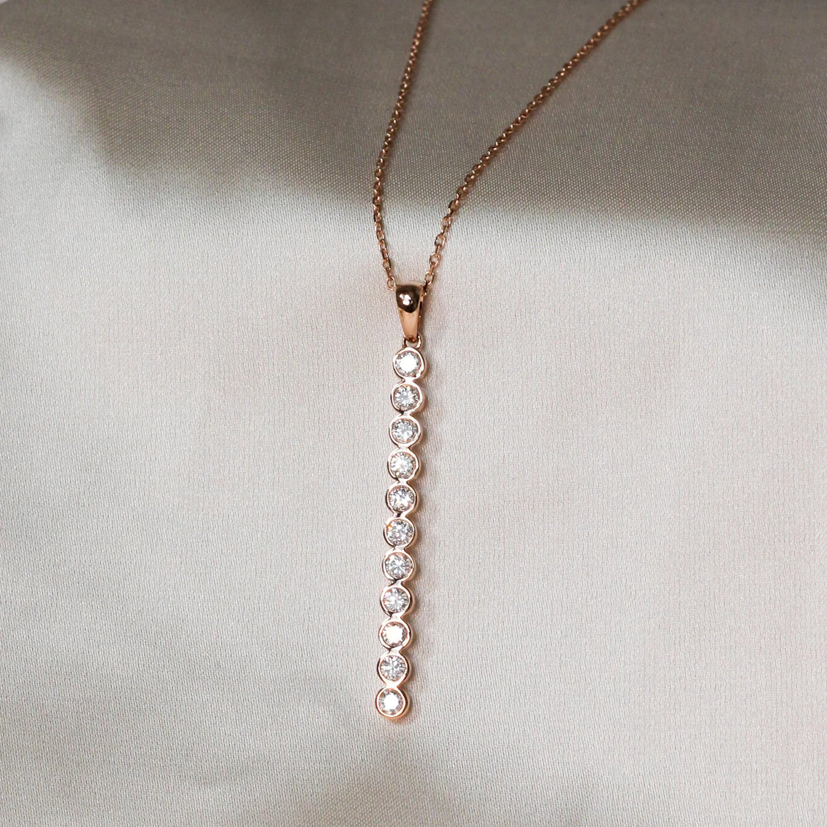 Bezel Set Round diamond Verticle Bar Drop Pendant  ROSE 10K