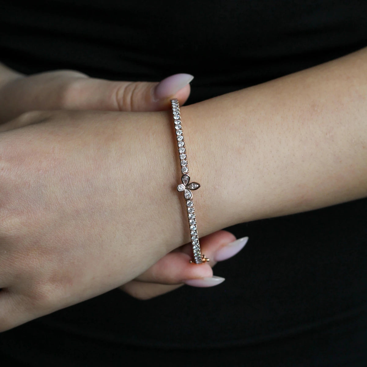 Diamond Line Bangle with Pear Floral Centerpiece View 2