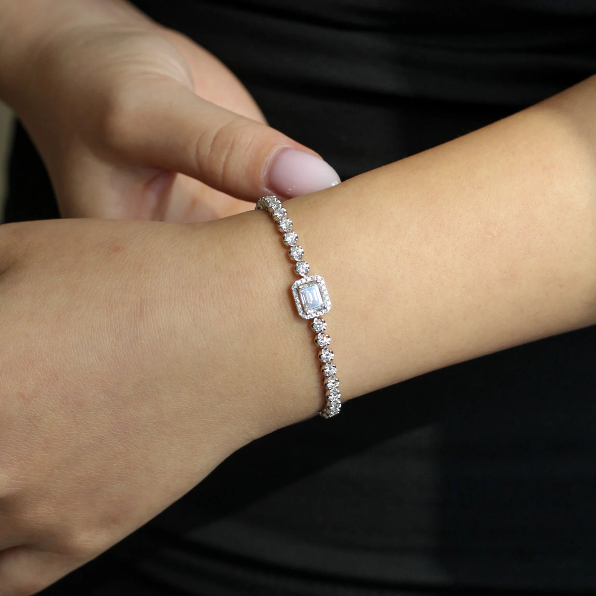 Emerald Cut Diamond Halo Adjustable Bolo Bracelet ROSE 10K