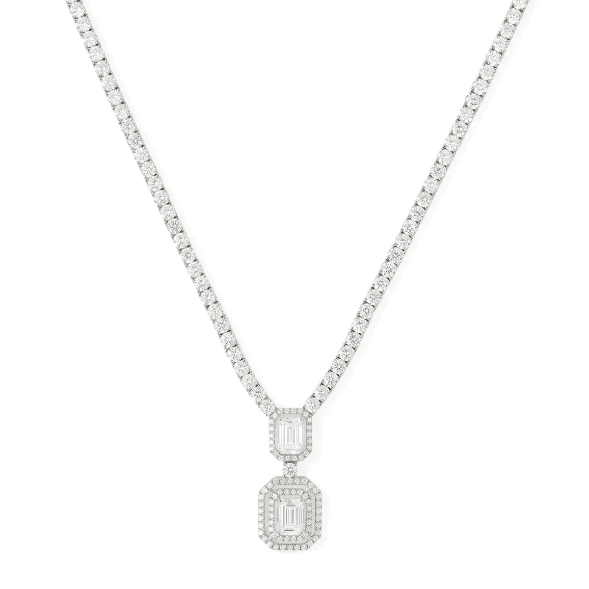 Emerald-Cut Double Halo Drop Statement Tennis Neck View 3