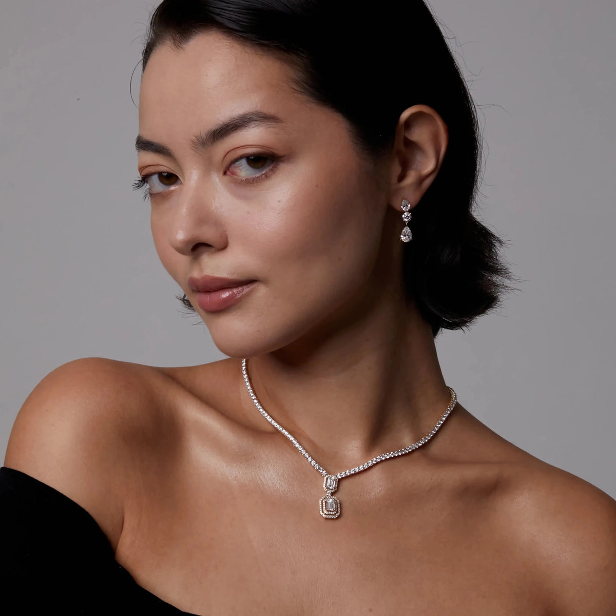 Emerald-Cut Double Halo Drop Statement Tennis Neck View 5