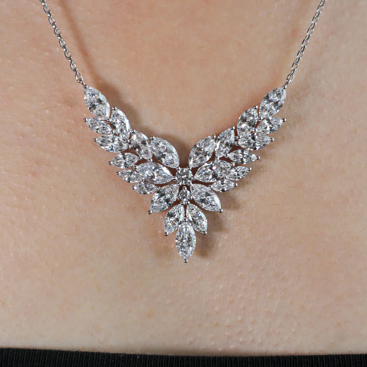 Feathered Marquise Cut Diamond V-Necklace View 2