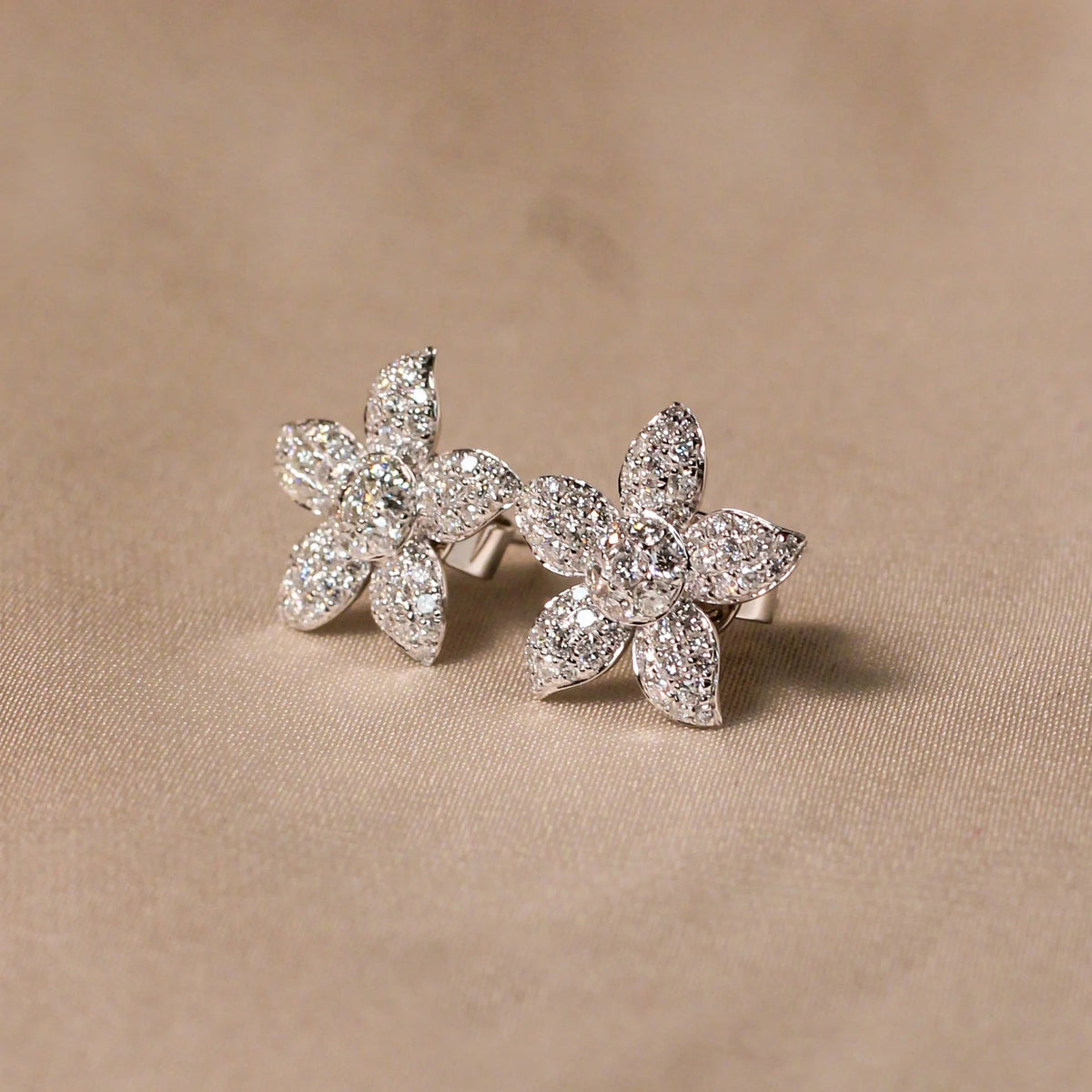 Five-Petal Pavé Diamond Flower Stud Earrings View 2