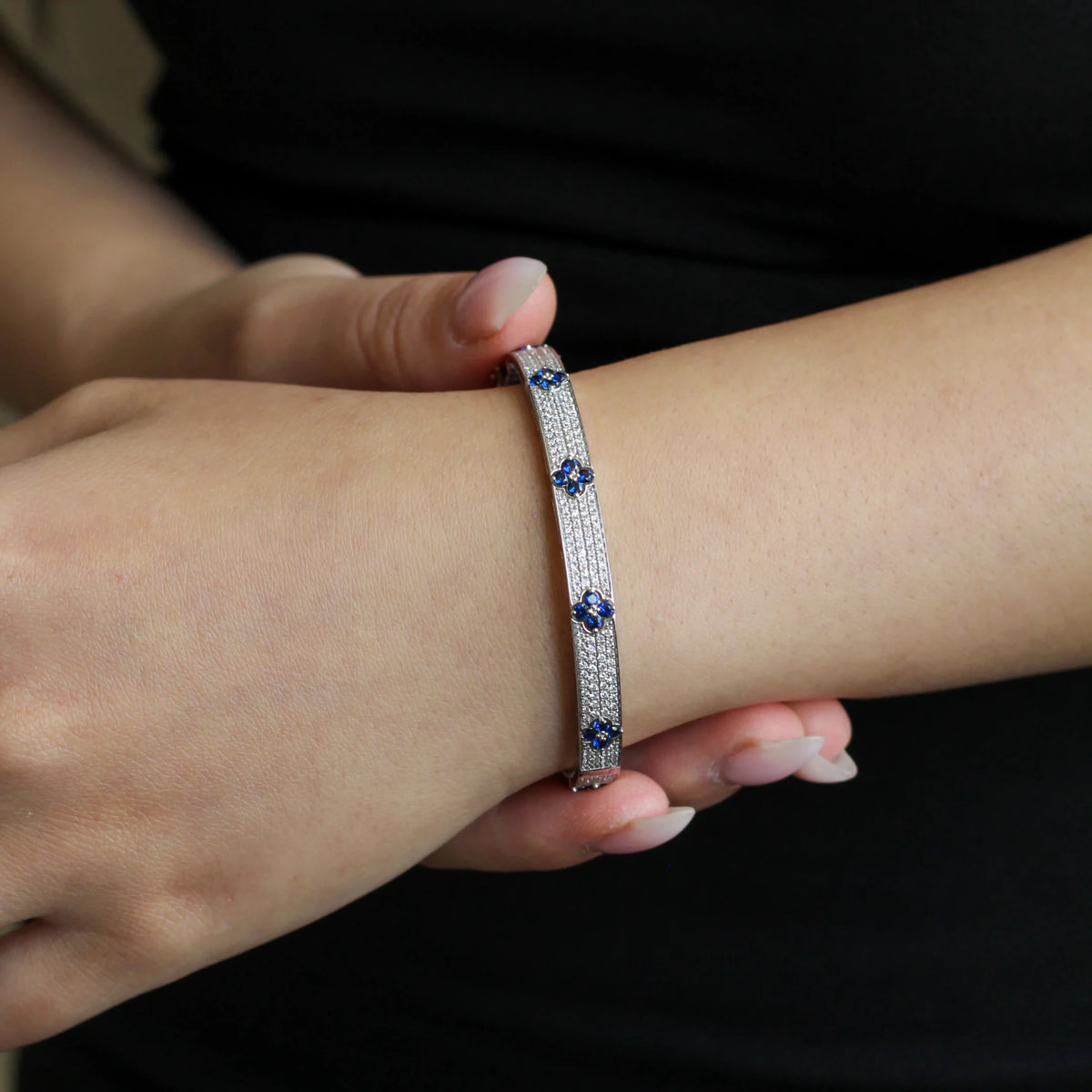 Four-Leaf Sapphire & Pavé Diamond Hinged Bangle View 2