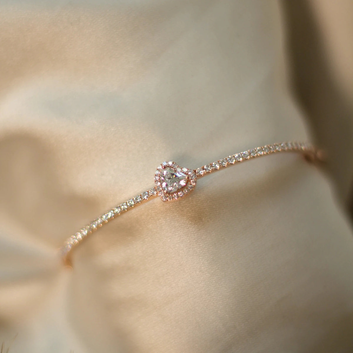 Heart shape diamond with halo pave band bangle ROSE 10K