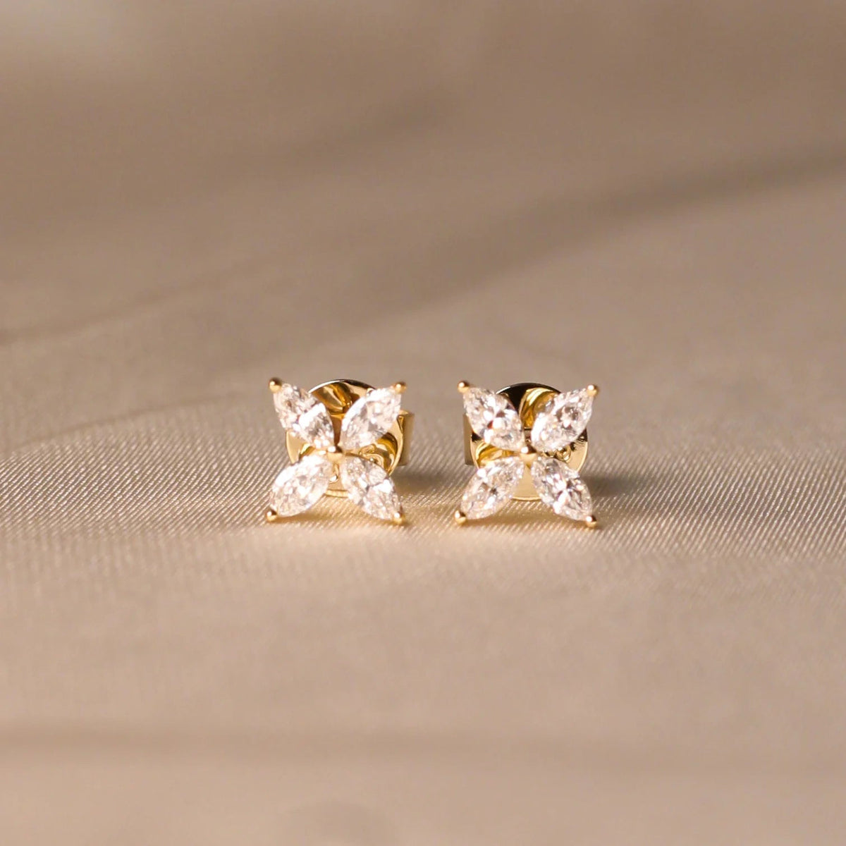 Marquise Diamond Four-Petal Floral Stud Earrings View 3