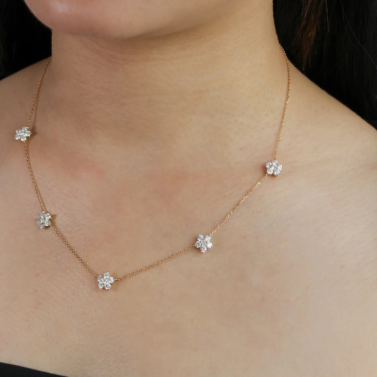 Multi-Flower Round Diamond Station Necklace View 5