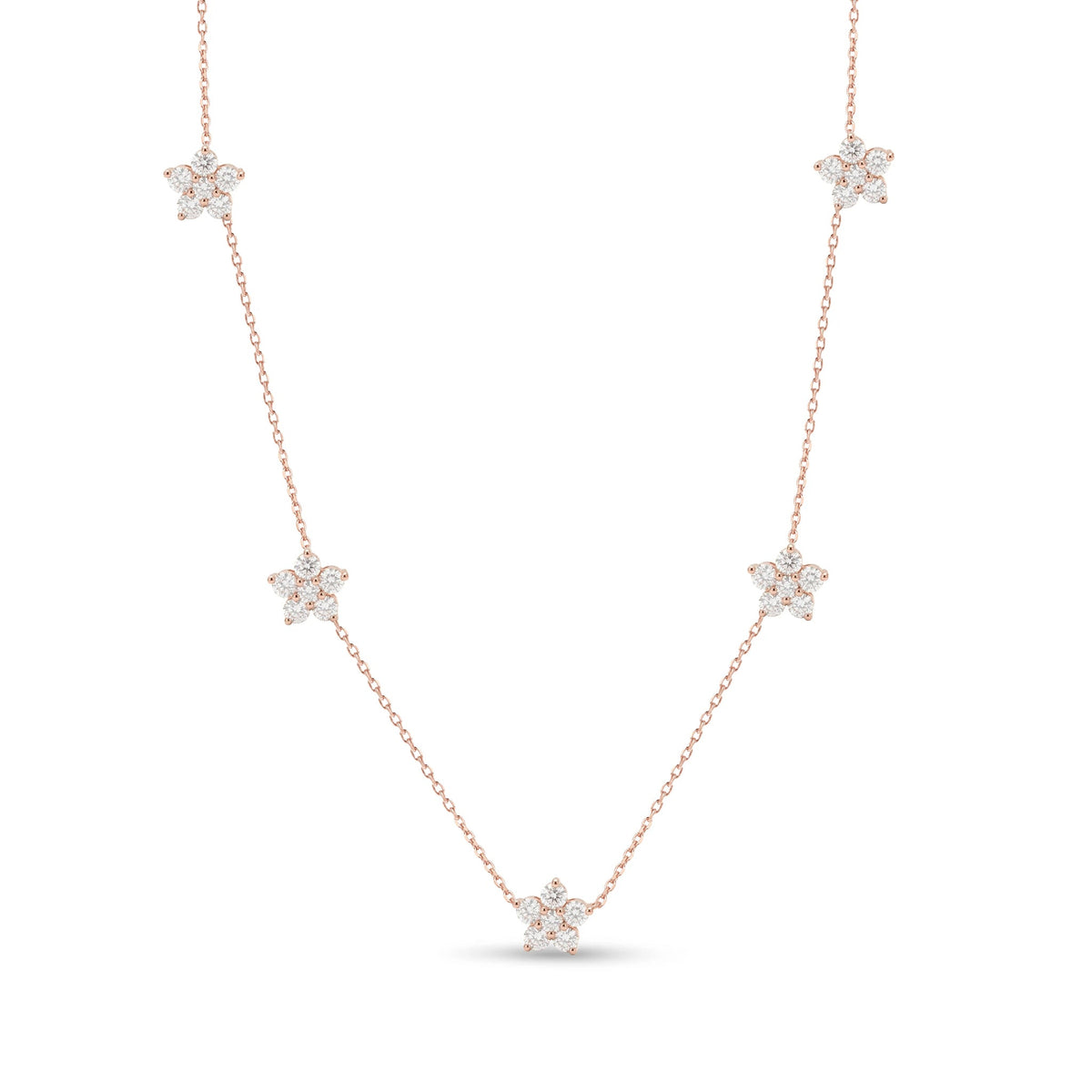 Multi-Flower Round Diamond Station Necklace ROSE 10K