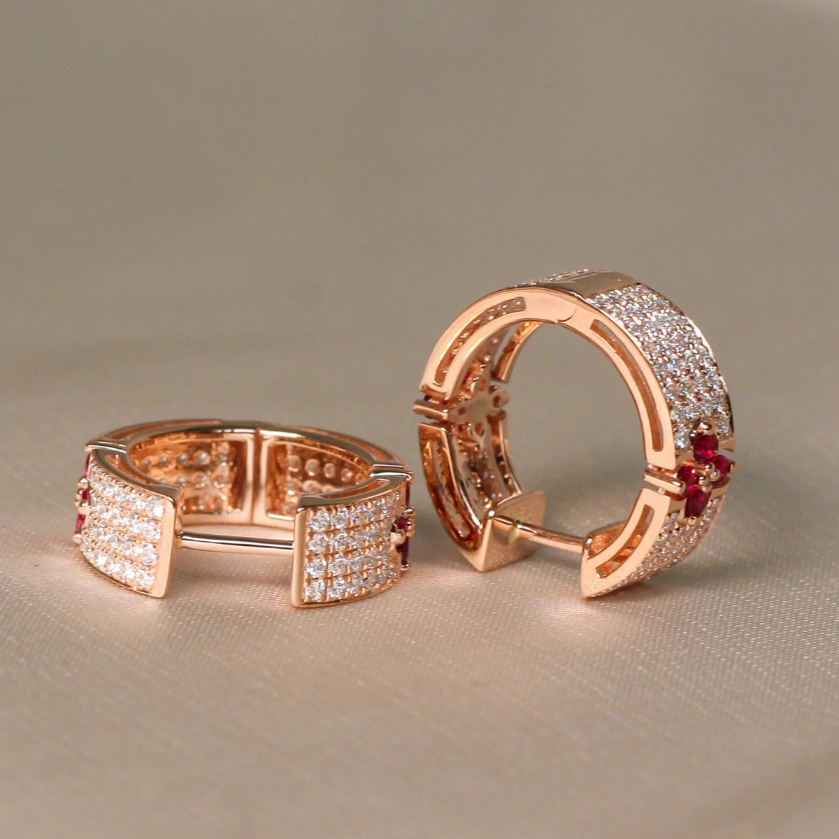 Ruby Four-Leaf Clover Multi-Row Diamond Hoop Earri View 2