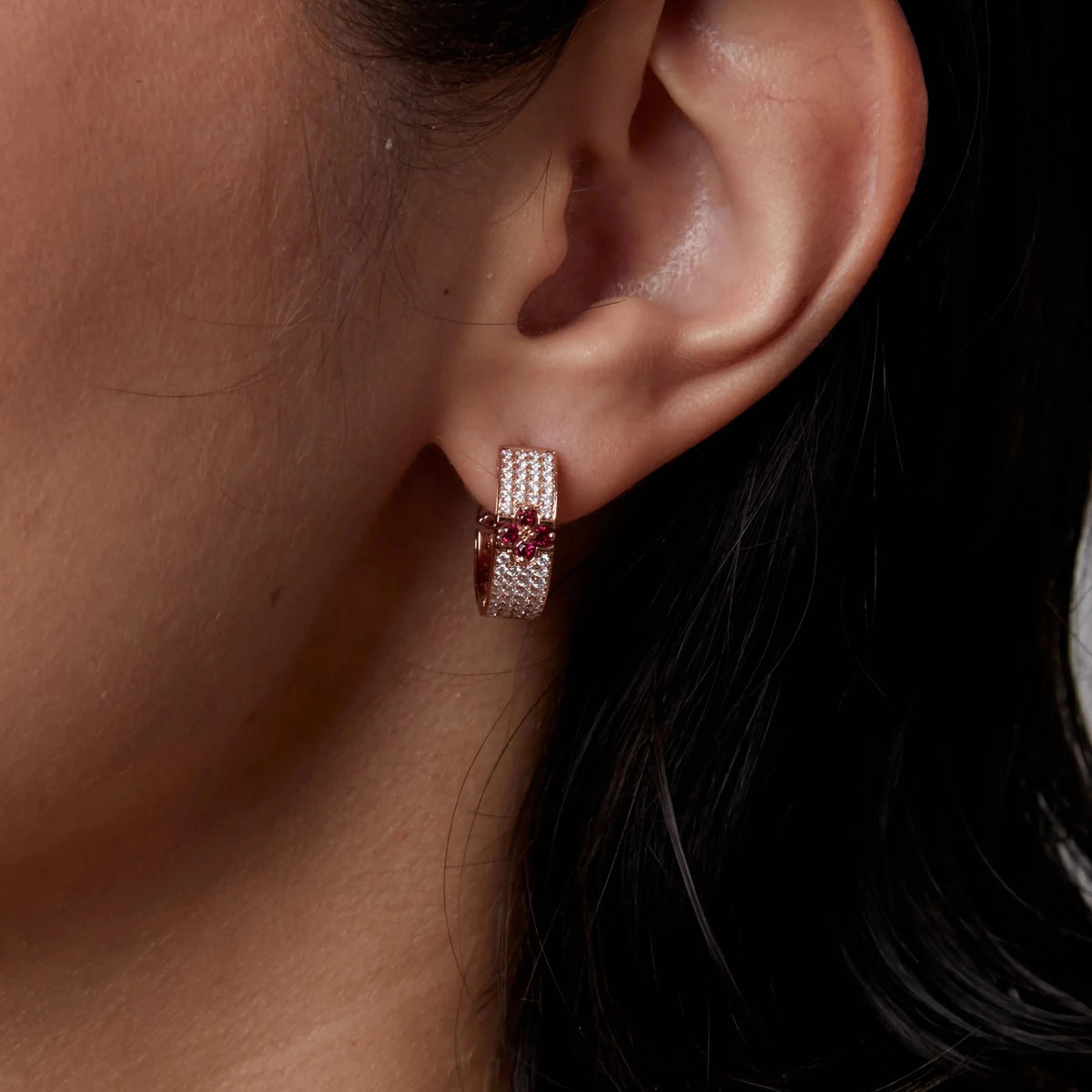 Ruby Four-Leaf Clover Multi-Row Diamond Hoop Earri ROSE 10K