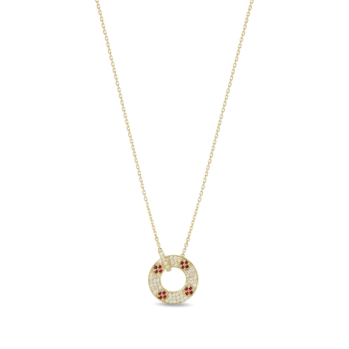 Ruby Four-Leaf Clover & Pavé Diamond Circle Pendant, yellow-tone metal, front view