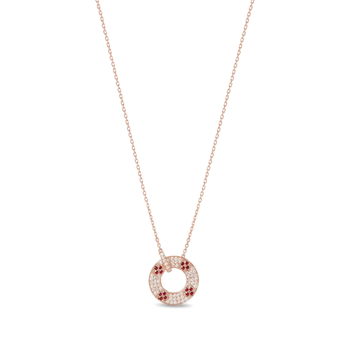 Ruby Four-Leaf Clover & Pavé Diamond Circle Pendan View 2