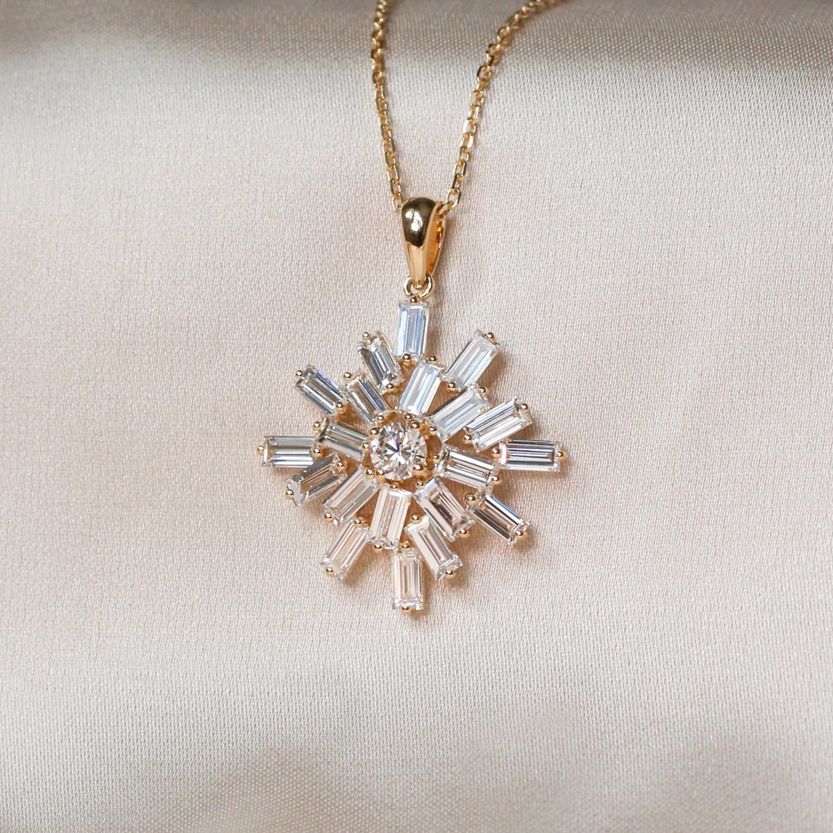 Starburst Baguette Cut Diamond Statement Necklace ROSE 10K