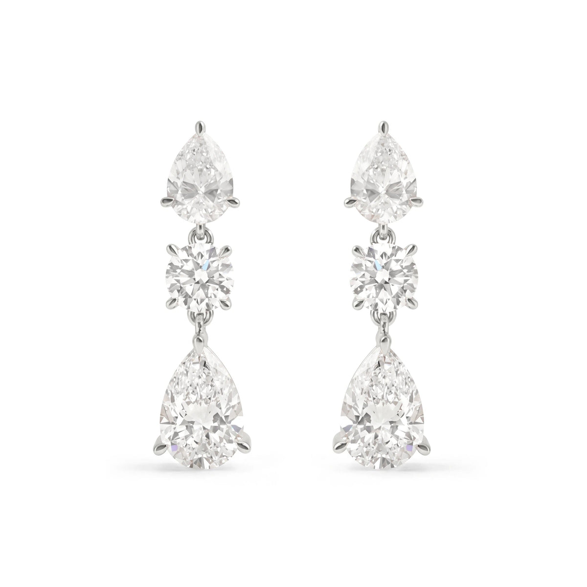 Three-Stone Pear & Round Cut Diamond Drop Earrings View 3